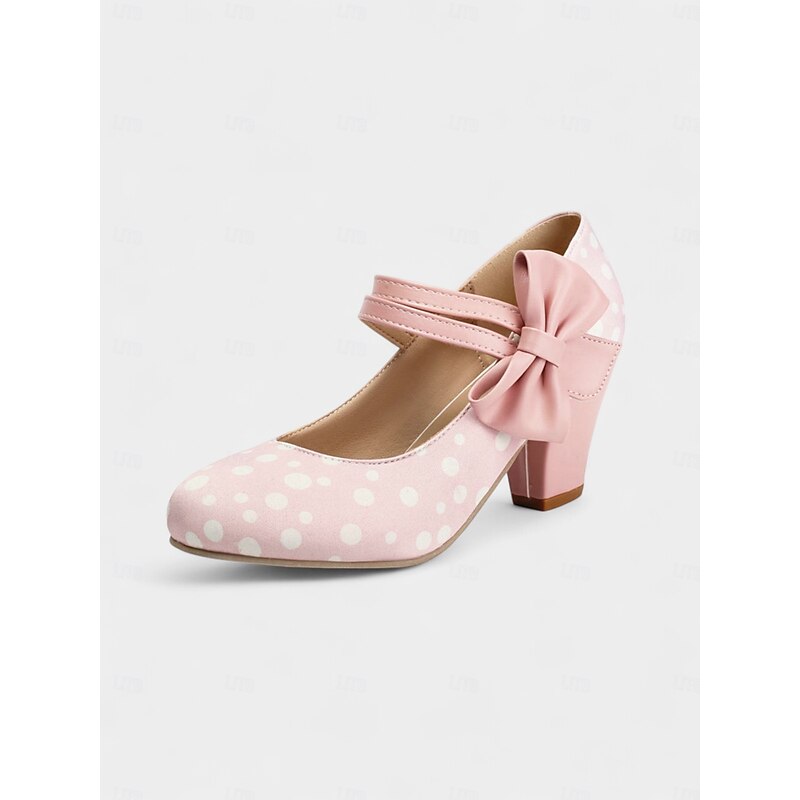 Women's 1950s Pink Polka Dot Mary Jane Heels – Cute Bow Strap Retro Block Heel Pumps for Parties, Tea Gatherings, and Vintage-Inspired Outfits4