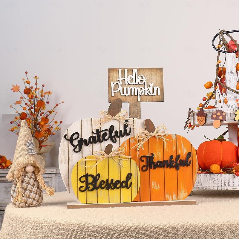 Fall Pumpkin Wooden Table Decor, Thanksgiving Rustic Fall Blessing Sign for Farmhouse, Autumn Harvest Thankful Home Decoration Craft
