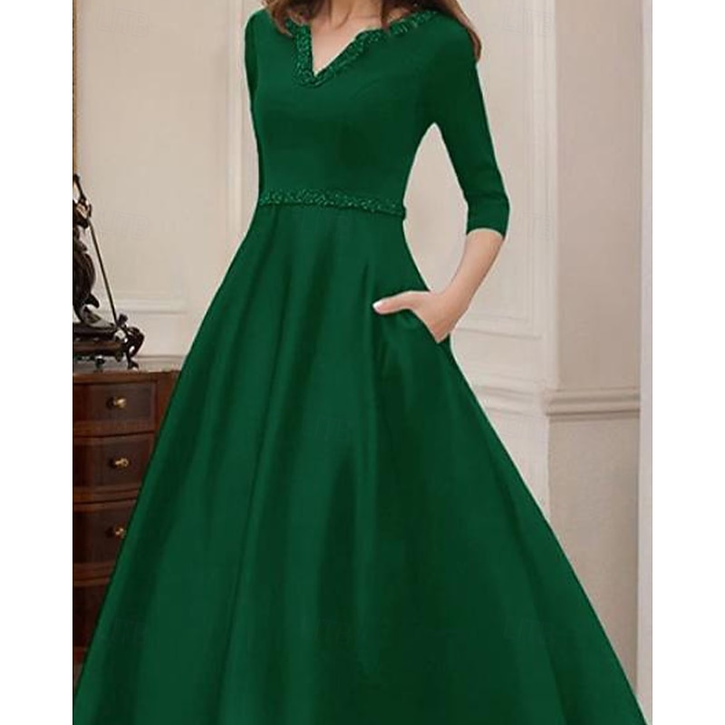 A-Line Cocktail Dresses Elegant Dress Formal Wedding Tea Length High-low Dress Half Sleeve V Neck Stretch Satin with Beading Pocket2