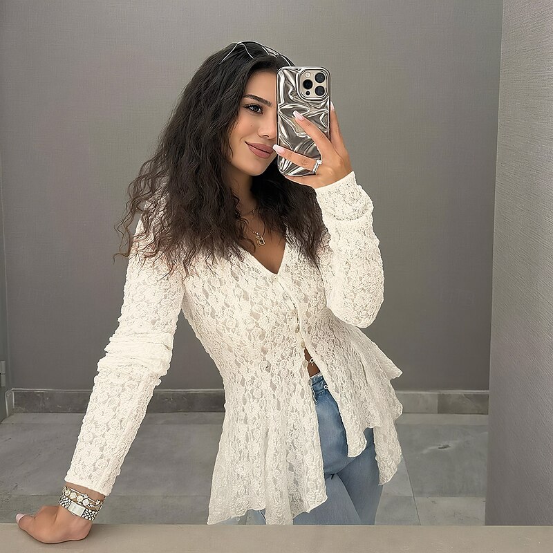 Women's Lace Shirt Elegant Bohemia Vintage Long Sleeve Plunging Neck Regular Tops Party Evening Wear Daily Holiday Lace Patchwork Black Apricot Summer Spring Fall2