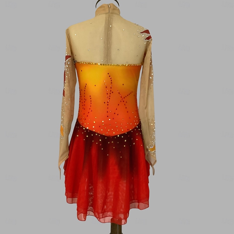 Figure Skating Dress Women's Girls' Ice Skating Dress Red Yellow Thumbhole Halo Dyeing Mesh Spandex Stretchy Training Practice Professional Skating Wear Thermal Warm Classic Crystal / Rhinestone Long2