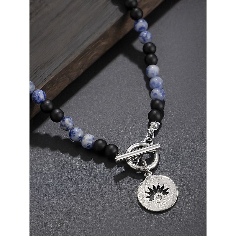Men's Natural Stone Beaded Necklace – Black and Blue Gemstone Choker with Sun Charm Pendant, Toggle Clasp for Boho or Party Outfits4