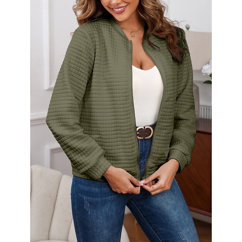 Women's Bomber Jacket Casual Jacket Comfortable Breathable Zipper Pocket Casual Plain Vacation Street Casual Daily Wear Zipper Regular Stand Collar Regular Fit Long Sleeve Outerwear Black White Wine2