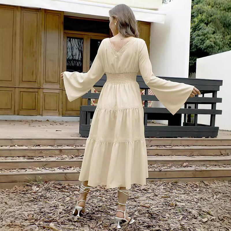 Retro Vintage Medieval Renaissance Midi Dress Bell Sleeve Viking Elven A-Line Fancy Dress Women's Fantasy Halloween Carnival Vacation Casual Daily LARP Adults Dress Spring & Summer4