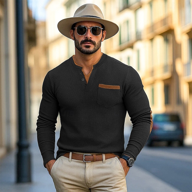 Men's Waffle Tee Waffle Henley Shirt Long Sleeve Solid Color Solid Fashion Basic Casual Fake two piece V Neck Henley Street Casual Sports Spring Fall Spring &  Fall Black Navy Blue Green Henley3