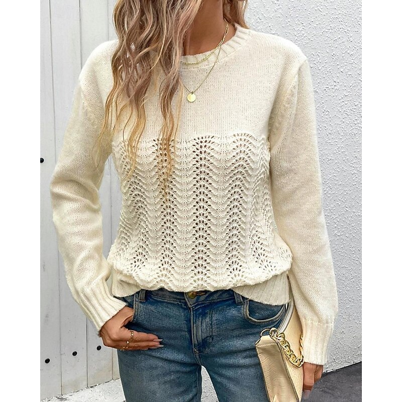 Women's Sweater Pullover Daily Stylish Casual Solid Color Ribbed Crew Neck Knitted Long Sleeve Regular Tops Knit Daily Holiday Going out Apricot Spring Fall4
