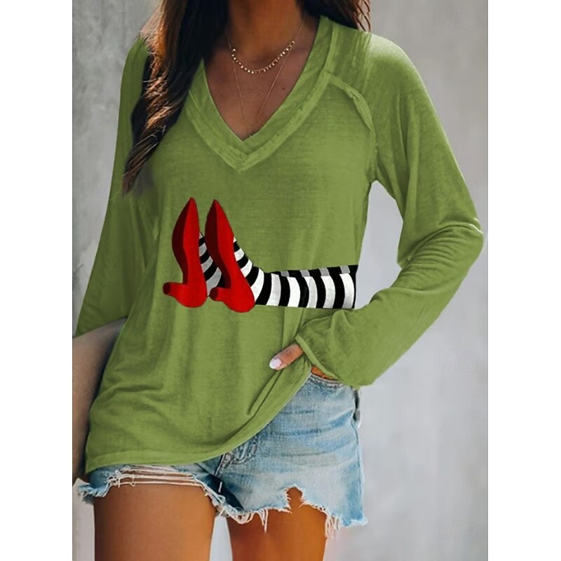 Halloween Women's T shirt Witch Long Sleeve V Neck Long Sleeve Graphic Casual Vintage Stylish Western Tops Daily Weekend Vacation Wear Print Black White Green Gray Spring Fall Prefall2