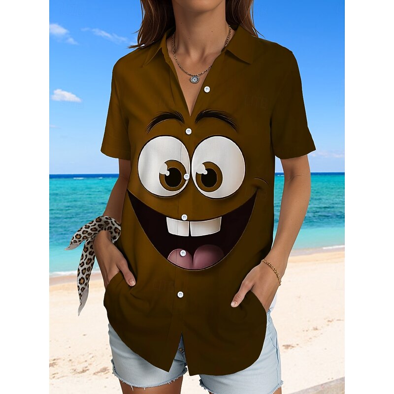 Women's Shirt Long Sleeve Button Down Blouse Graphic 3D Vintage Tropical Daily Short Sleeve Shirt Collar Regular Tops Daily Yellow Blue Brown Summer Spring