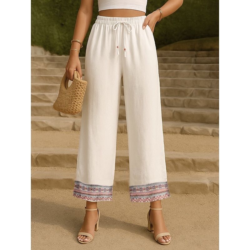 Women's Cotton Linen Pants Chinos Pants Trousers Fashion Ethnic Style Basic Full Length High Waist Floral Embroidered Pocket Drawstring Comfort Outdoor Micro-elastic Vacation Street Daily Apricot