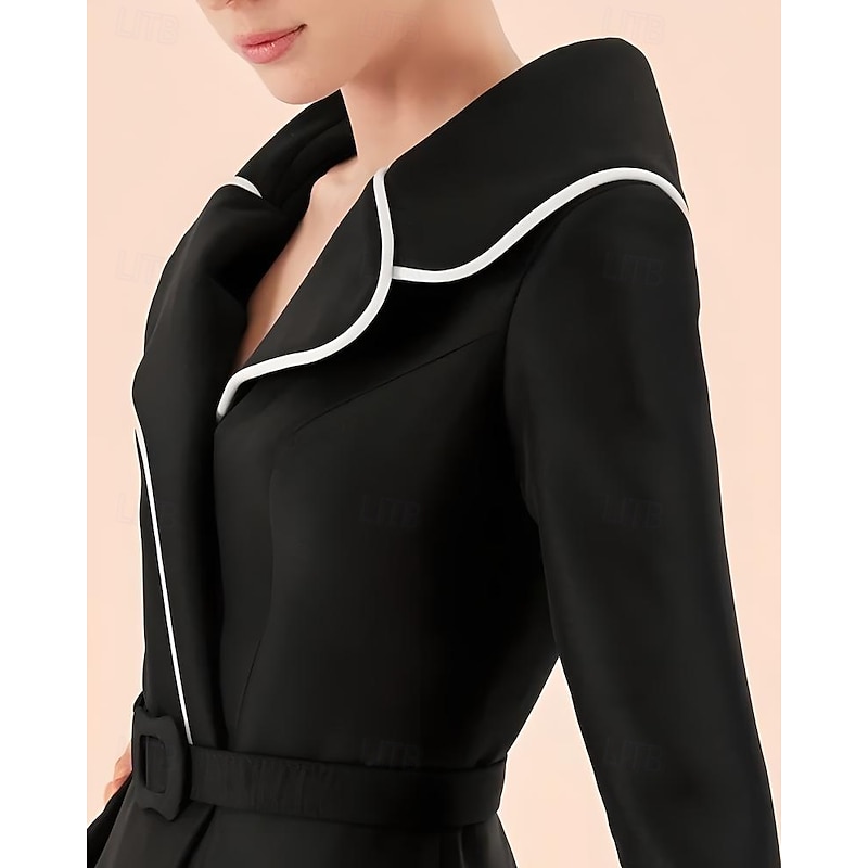 Black and White A-Line Mother of the Bride Dress Elegant Formal Dress Simple Minimalist V Neck Lapel Floor Length Twill Satin 3/4 Length Sleeve with Belt2