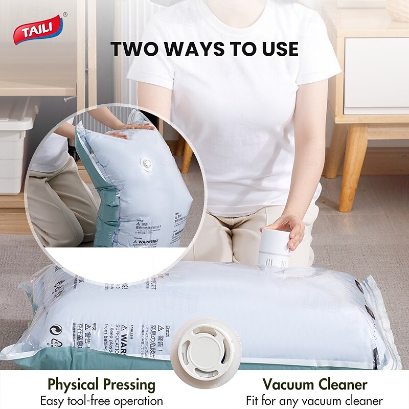 TAILI Vacuum Storage Bags, Vacuum Seal Bags for Clothing, Large Space Saver for Clothes, Pillows, Bedding, Sweater, Closet Organization, Manual or electric (without air pump)4