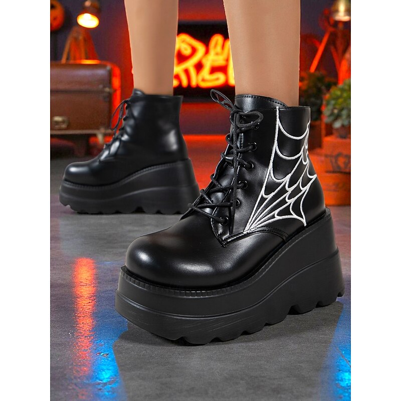 Women's Black Platform Boots with Spider Web Design - Chunky Lace-Up Ankle Boots for Halloween,  Cosplay, and Masquerade Balls, Punk and Gothic Style, Comfortable for All-Day Wear
