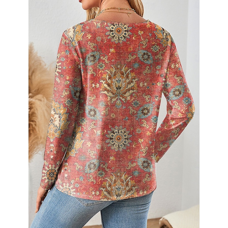 Women's T shirt Long Sleeve V Neck Long Sleeve Tunic Graphic Paisley Vintage Stylish Classic Regular Tops Daily Print Pink Red Blue Purple Green Spring Fall Prefall2