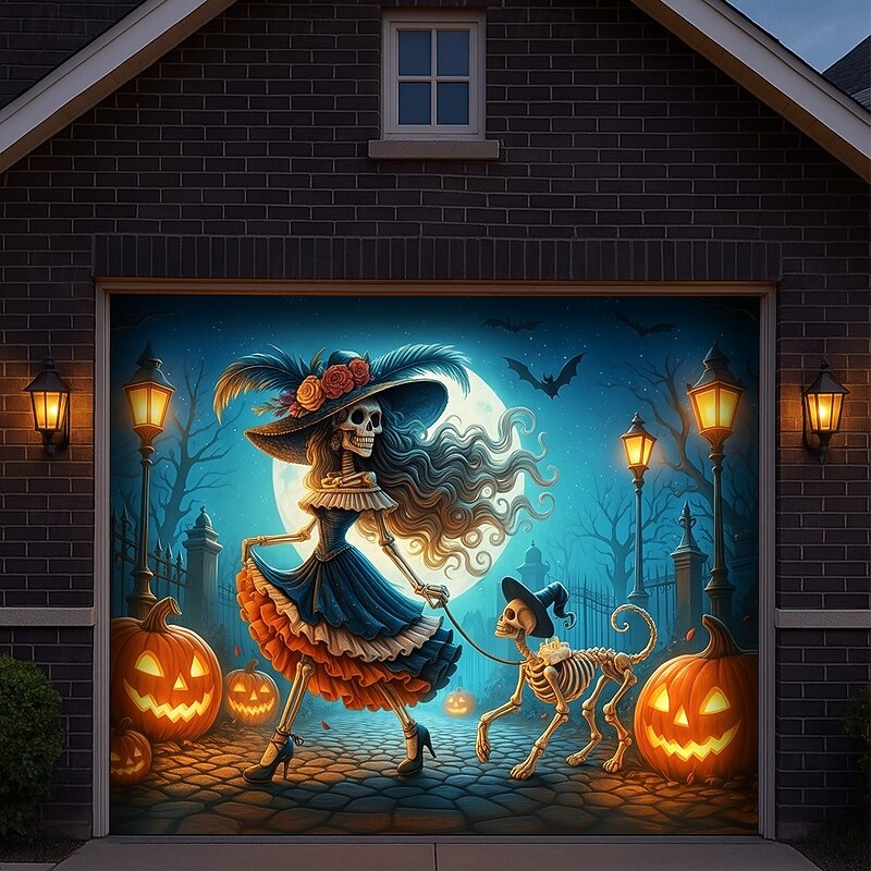 Halloween Garage Door Cover Flying Witch with Pumpkins Banner, Large Tapestry Backdrop Decoration for Holiday Outdoor Garage Door and Home Wall, 2025 Halloween Decorations4