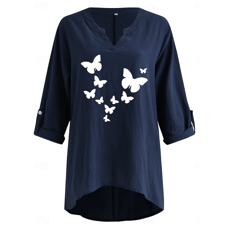 Women's Cotton Shirts Butterfly Stylish Basic Casual Long Sleeve V Neck Regular Tops Daily Print Black Navy Blue Sky Blue Summer Winter4