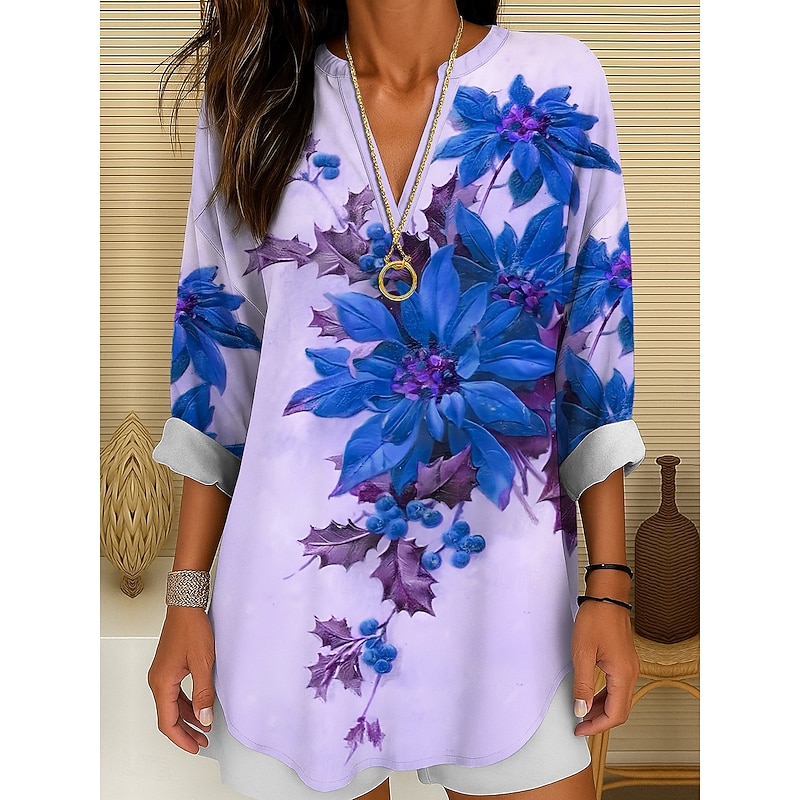 Women's Blouse Tunic V Neck Long Sleeve Boho Casual Floral Graphic Vintage Tropical Regular Tops Daily Wear Print Yellow Red Blue Purple Green Winter4