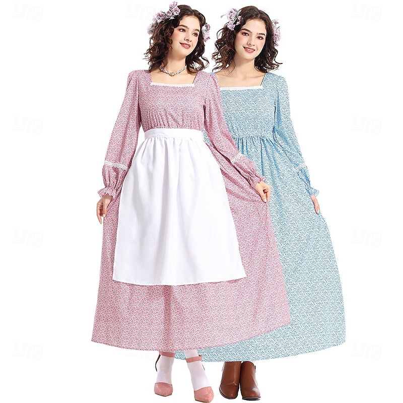 19th Century 1800s Old West Cosplay Costume Prairie Dress Bonnet and Apron Set Pioneer Floral Fancy Dress Women's Halloween Carnival World Book Day School Event Dress Up Historical reenactment Adults'2