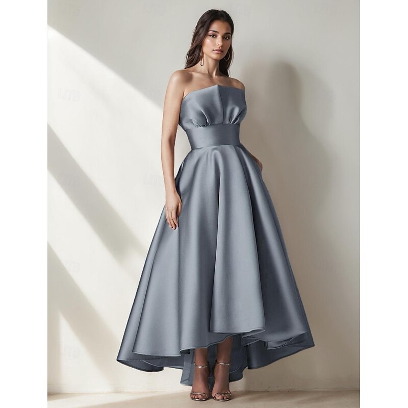 DustyA-Line Cocktail Dresses High-low Dress Formal Wedding Tea Length Midi Length Sleeveless Satin with Pleats Ruffles