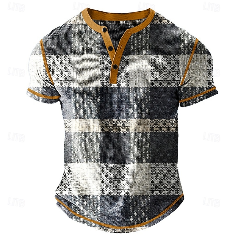 Men's Graphic Plaid Henley Shirt Waffle T Shirt Short Sleeve Daily Retro Vintage Classic Sports Outdoor Casual Holiday Spring & Summer All Seasons Dark Grey Light Blue Navy Blue Henley Henley T-Shirt