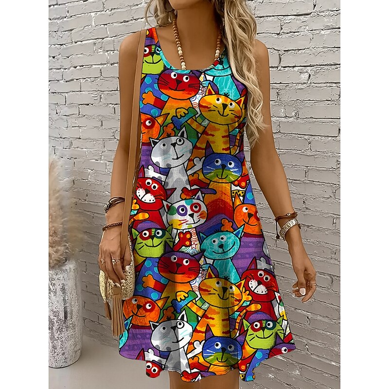 Women's Mini Dress Sundress A Line Dress Off The Shoulder Dress Vacation Casual Holiday Beach Regular Fit Graphic Cat Sleeveless Crew Neck Yellow Red Blue Purple Summer Spring