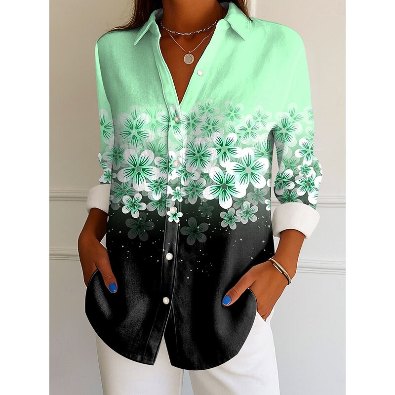 Women's Shirt Button Down Tunic Shirt Collar Long Sleeve Ombre Floral Graphic Elegant Vintage Tropical Regular Tops Work Daily s Print Pink Blue Purple Green Spring3