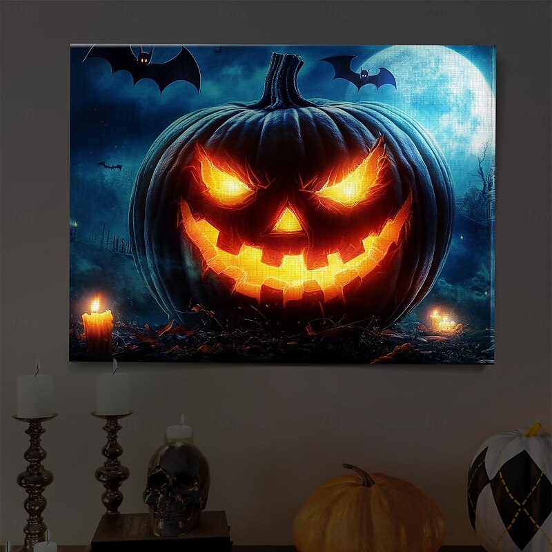 Halloween Jack-o'-Lantern Close-up LED Canvas Wall Art - Battery Operated Lighted Wall Decor for 2025 Halloween home decoration light livingroom and bedroom4