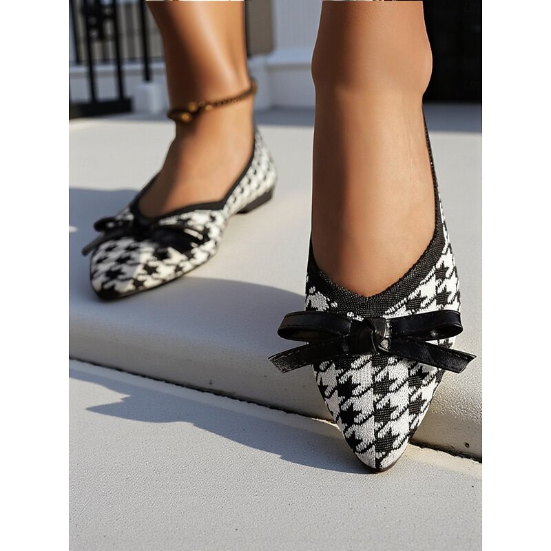 Women's Houndstooth Knit Pointed Toe Flats – Elegant Bow Detail Slip-On Loafers for Casual, Office, and Weekend Wear2