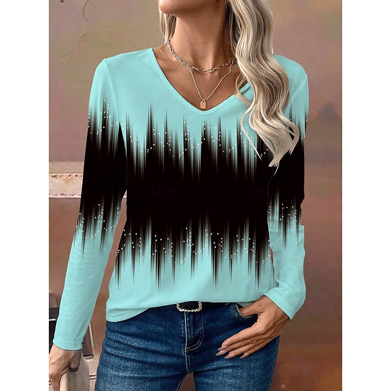 Women's T Shirt V Neck Long Sleeve Tunic Ombre Graphic Vintage Casual Regular Tops Daily Print Black Blue Fuchsia Spring Fall3