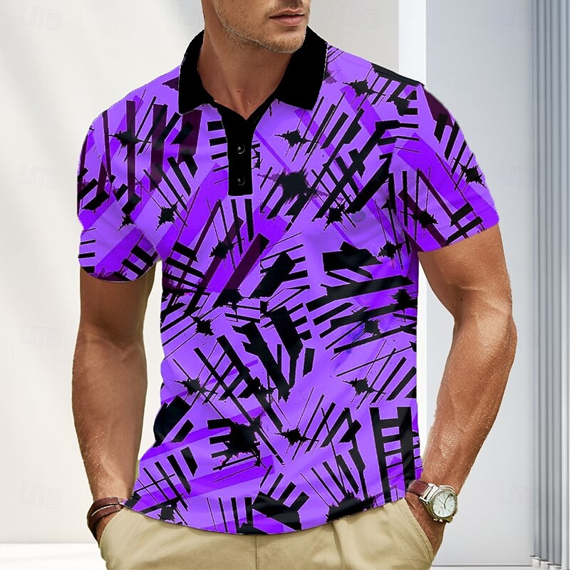 Men's Abstract Geometic Polo Short Sleeve Polo Shirts Lapel Casual Athleisure 3D Print Buttons Summer Yellow Blue Purple4