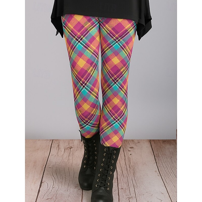 Women's Leggings Vacation Vintage Ethnic Style Ankle-Length High Waist Graphic Plaid Checkered 3D Print Quick Dry Breathability Soft Stretchy Outdoor Home Causal Pink Red Blue Green Fall Slim Fit
