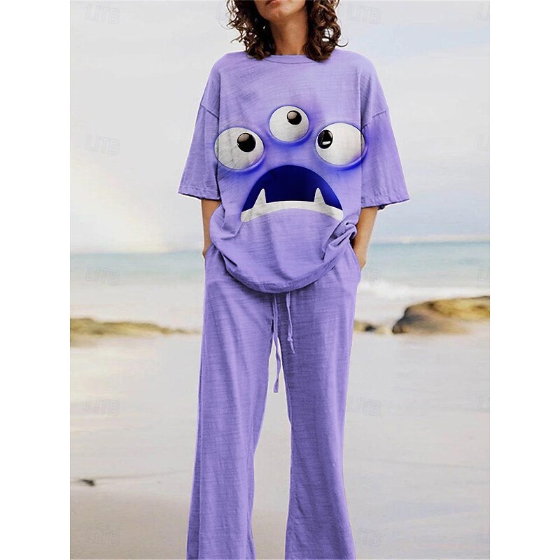 Women's Active Fashion Pants Sets 3/4 Length Sleeve Crew Neck 3D Print Print Vacation Daily Holiday Pink Purple Summer Regular Fit3