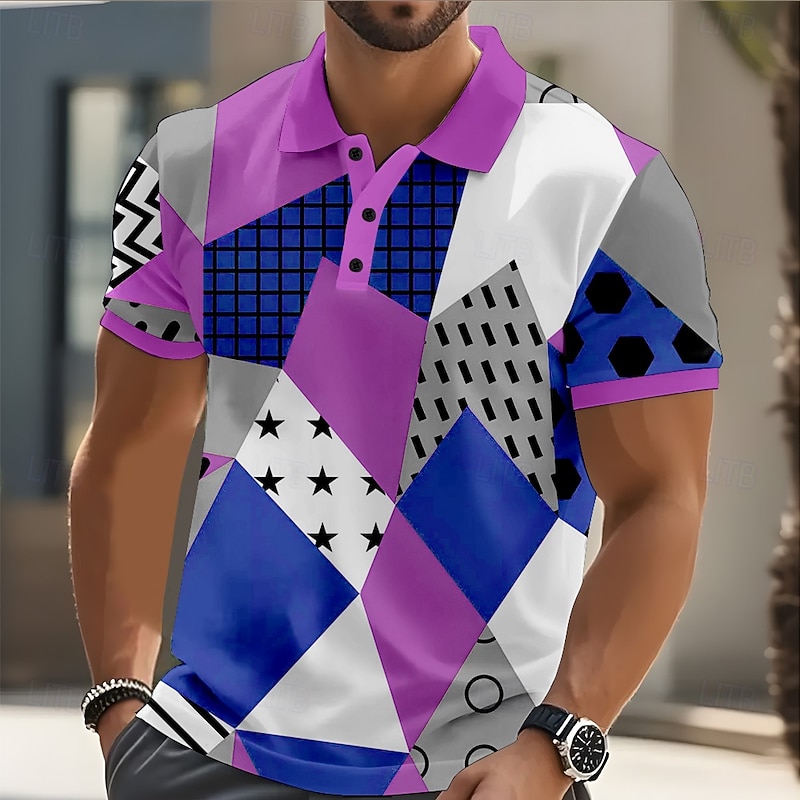 Men's Geometric Color Block Polo Short Sleeve Polo Shirts Collared Shirts Casual Street Athleisure Daily Wear Buttons Summer Pink Purple Green4