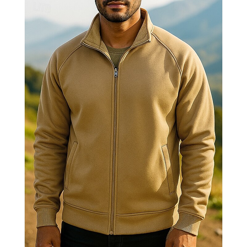 Men's Fleece Jacket Thermal Jacket Winter Outdoor Patchwork Thermal Warm Top Black Green Khaki Grey