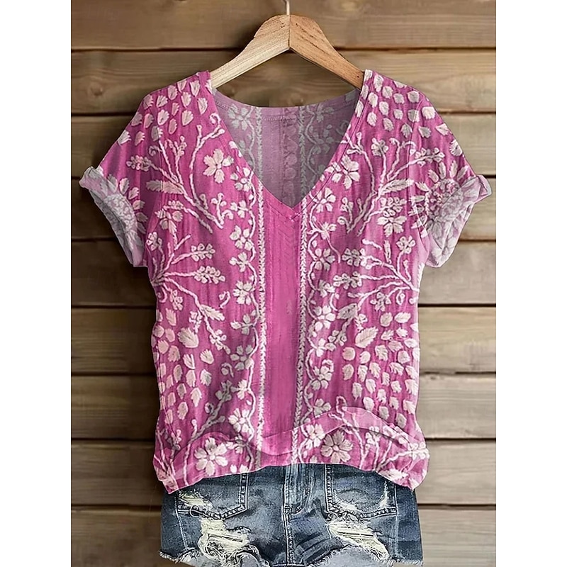 Women's T Shirt Floral Graphic Plants Vintage Fashion Hawaiian Short Sleeve V Neck Regular Tops Daily Going out Weekend Print White Yellow Pink Blue Sky Blue Summer Spring3