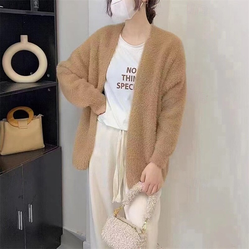 Women's Sweater Cardigan Fashion Streetwear Daily Solid Color Ribbed Open Front Knitted Long Sleeve Long Tops Knit Holiday Going out Weekend White Pink Fall Winter3