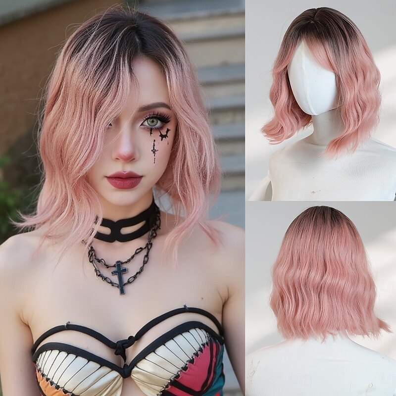 12‑Inch Gradient Pink Wavy Wig for Women – Full Bangs, Short Synthetic Hairpiece, Perfect for Halloween Cosplay & Party Looks