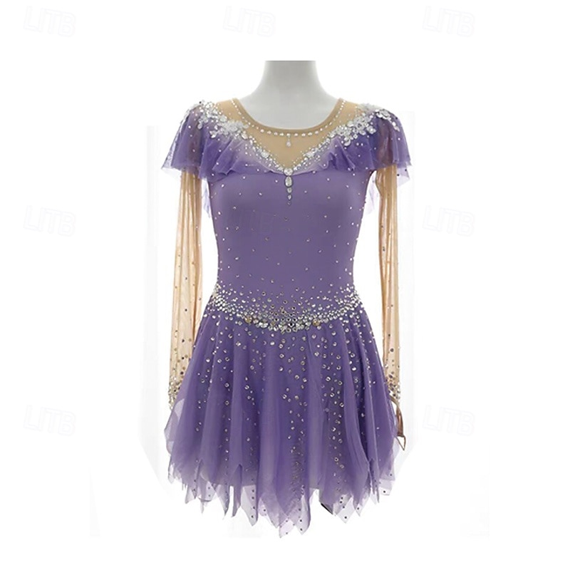 Figure Skating Dress Women's Girls' Ice Skating Dress Violet Patchwork Thumbhole Mesh Spandex Stretchy Training Practice Professional Skating Wear Thermal Warm Crystal / Rhinestone Long Sleeve Ice2