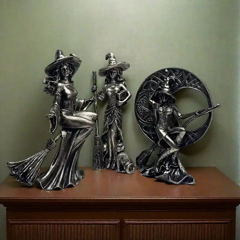 Fantasy Witch Statue Resin Moon Witch with Broomstick & Cauldron Collectible Figurine Mystical Halloween Ornaments for Living Room Tabletop Home Decoration2