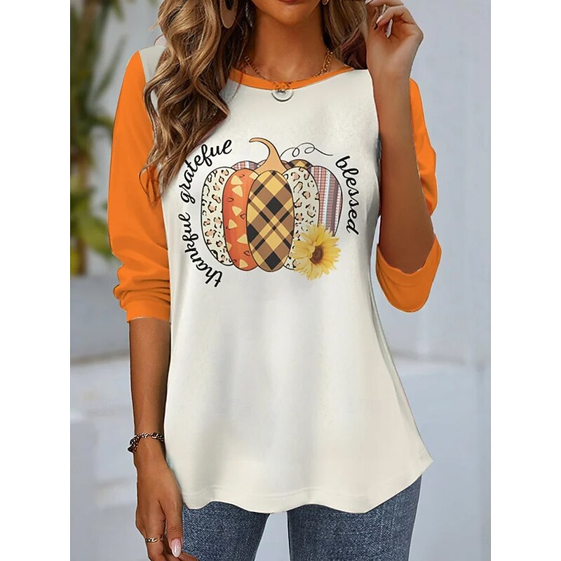 Halloween Women's T shirt Pumpkin Crew Neck Long Sleeve Tunic Graphic Casual Regular Tops Daily Weekend Print White Blue Orange Fall2