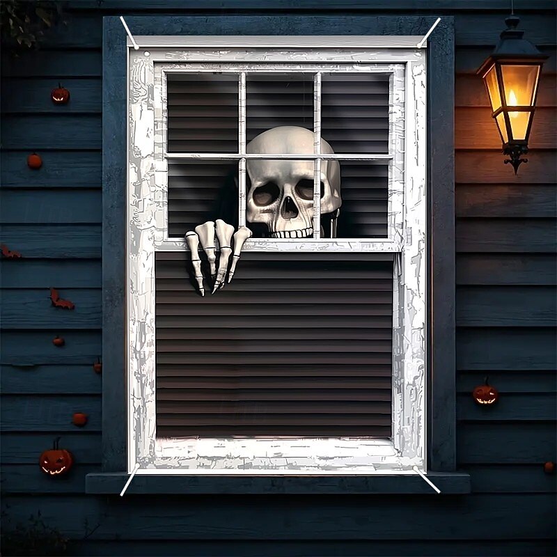 Halloween Window Curtain Skeleton Peeking Through Blinds, Scary Door Cover, Window cover,  Wall Tapestry for 2025 Halloween Spooky Home Decoration4