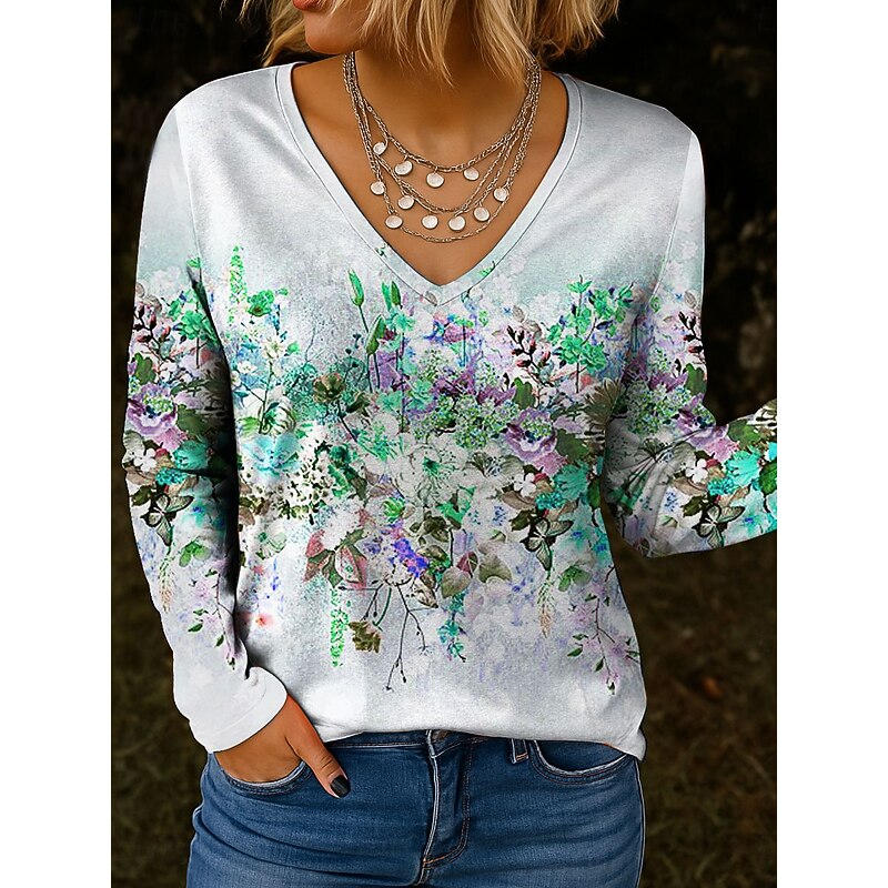 Women's T Shirt V Neck Long Sleeve Tunic Floral Graphic Plants Vintage Stylish Classic Regular Tops Daily Print Yellow Pink Purple Green Spring Fall3