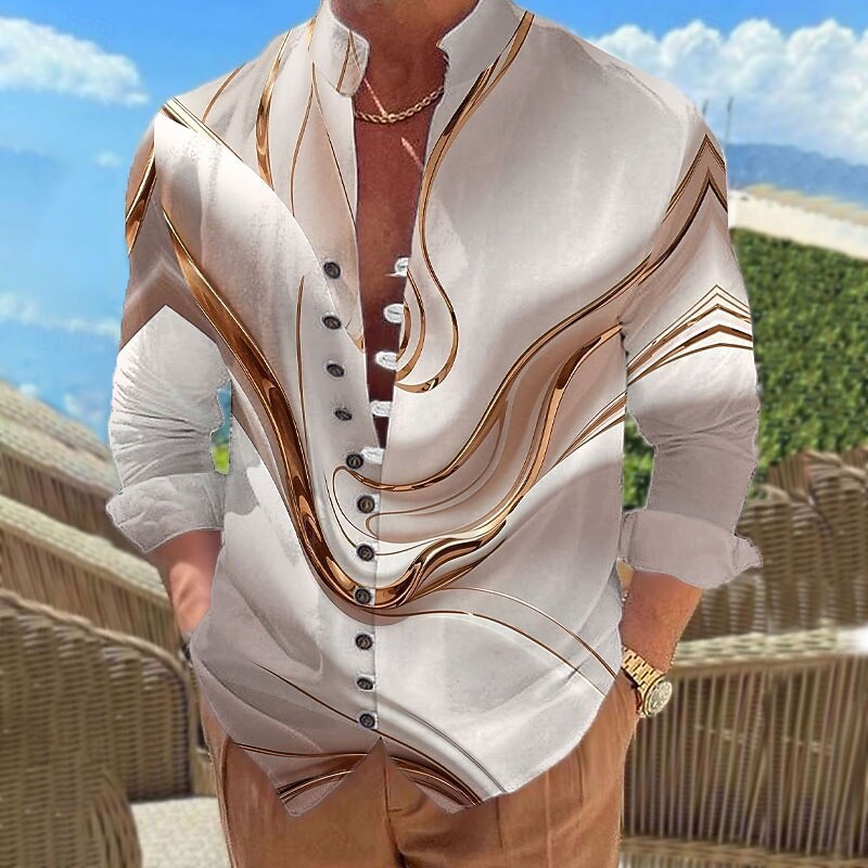 Men's Gradient Waves Marble Shirt Stand Collar Shirt Long Sleeve Casual Vacation Daily Wear Going out Spring Fall Mandarin Collar Band Collar Button-Down Linen Like Shirt Blue Purple Gold Green