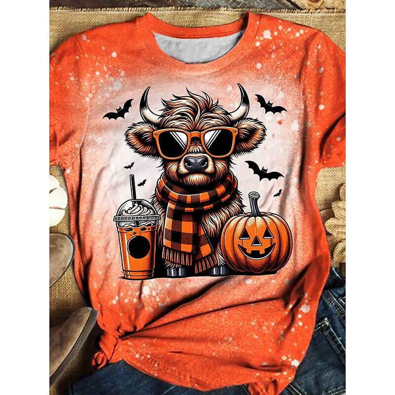 Halloween Women's T Shirt Graphic Animal Cow Cute Stylish Casual Short Sleeve Crew Neck Round Neck Regular Tops Daily Print Black Yellow Orange Summer Fall3