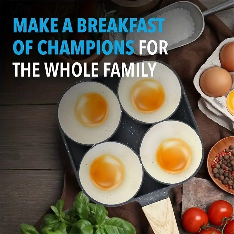 Non-stick Egg Frying Pan, 4 Holes Skillet With Handle, Multifunctional, Wooden Handle Medical Stone Omelet Non-stick Cookware frying pan4
