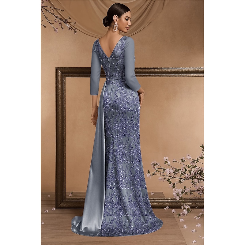 Burgundy Floral Sequin Embroidered Lace Mermaid / Trumpet Evening Gown Elegant Dress Formal Wedding Sweep / Brush Train 3/4 Length Sleeve V Neck Satin with Pleats4