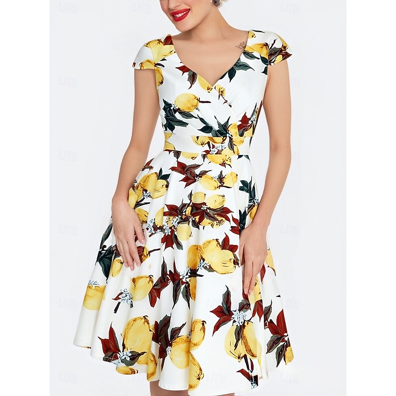 Retro Vintage 1950s Rockabilly Knee Length Wrap Dress Swing Dress Flare Dress Normal Cap Sleeve Floral Print A-Line V Neck Fancy Dress Women's Carnival Valentine's Day Vacation Casual Daily Wear