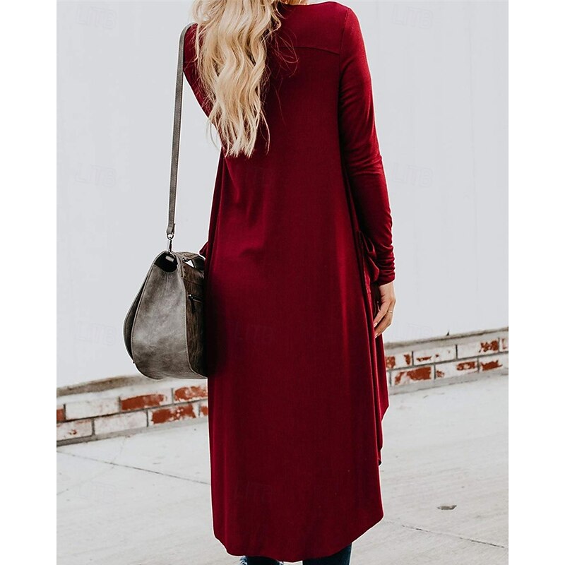 Women's Sweater Cardigan Fashion Streetwear Daily Solid Color Ribbed Open Front Pocket Knitted Long Sleeve Long Tops Knit Holiday Going out Weekend Wine Brown Fall Winter4