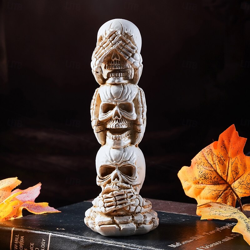 Halloween Deco See No Evil, Hear No Evil, Speak No Evil Skull Figurines, Modern Stacked Resin Skeleton Statues for Home, Bar, and Halloween Party Decorations