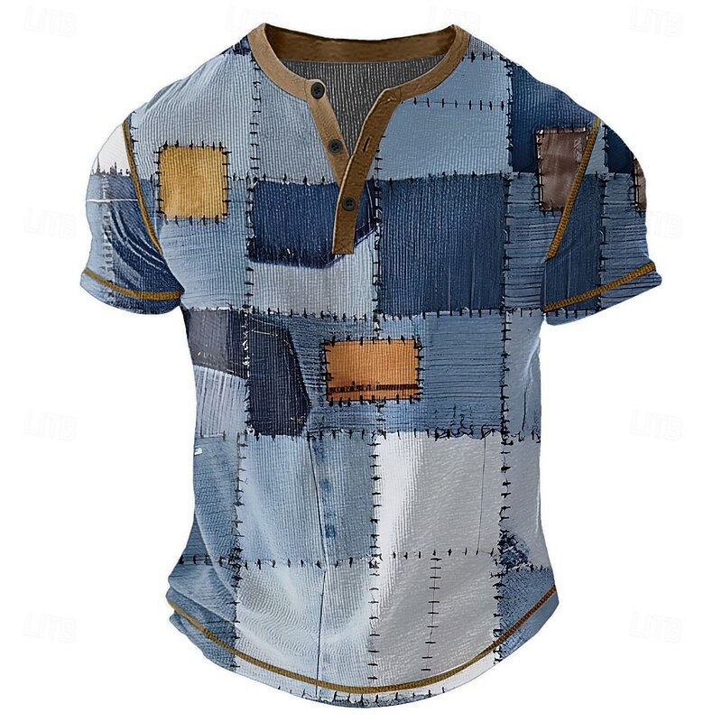 Men's Faux Patchwork Pattern Henley Shirt Waffle T Shirt Short Sleeve Daily Retro Vintage Classic Sports Outdoor Casual Holiday Spring & Summer All Seasons Dark Brown Blue Green Grey Henley Henley