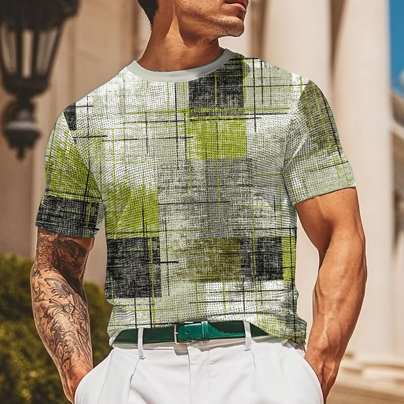 Men's Plaid Line Waffle Shirt Short Sleeve T shirt 3D Print Crew Neck Shirt Fashion Casual Comfortable Street Casual Daily Red Blue Brown Summer Spring All Seasons Clothing Apparel S M L XL XXL XXXL3